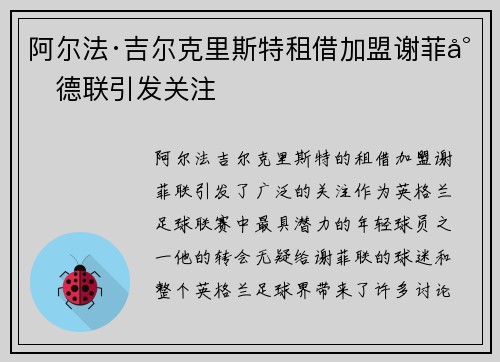 阿尔法·吉尔克里斯特租借加盟谢菲尔德联引发关注